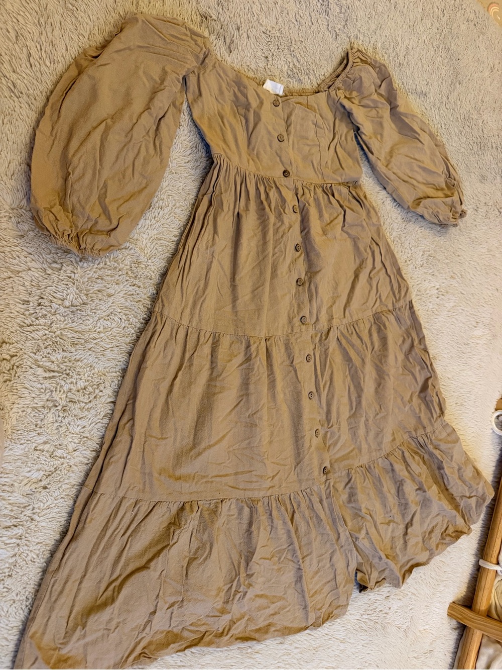 Puff-Sleeve Button-Front Maxi Dress in Neutral Brown